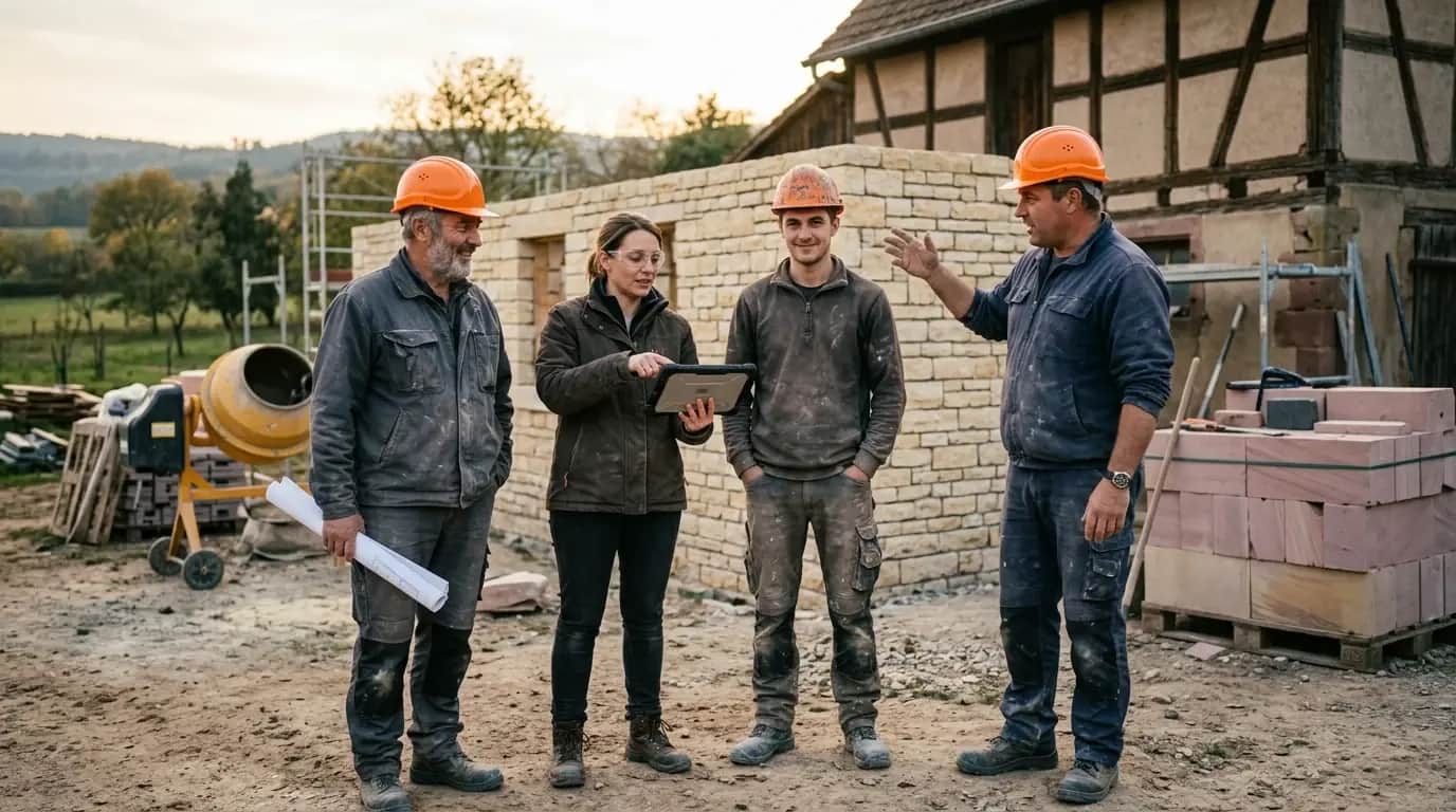 L'équipe de la Maison Schmitt devant un chantier en cours près d'Obernai