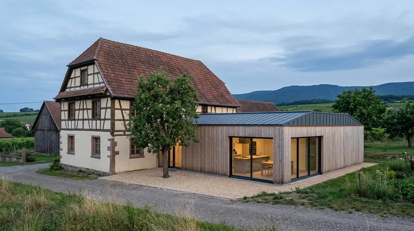 Extension contemporaine en bois et zinc greffée sur une ferme alsacienne traditionnelle
