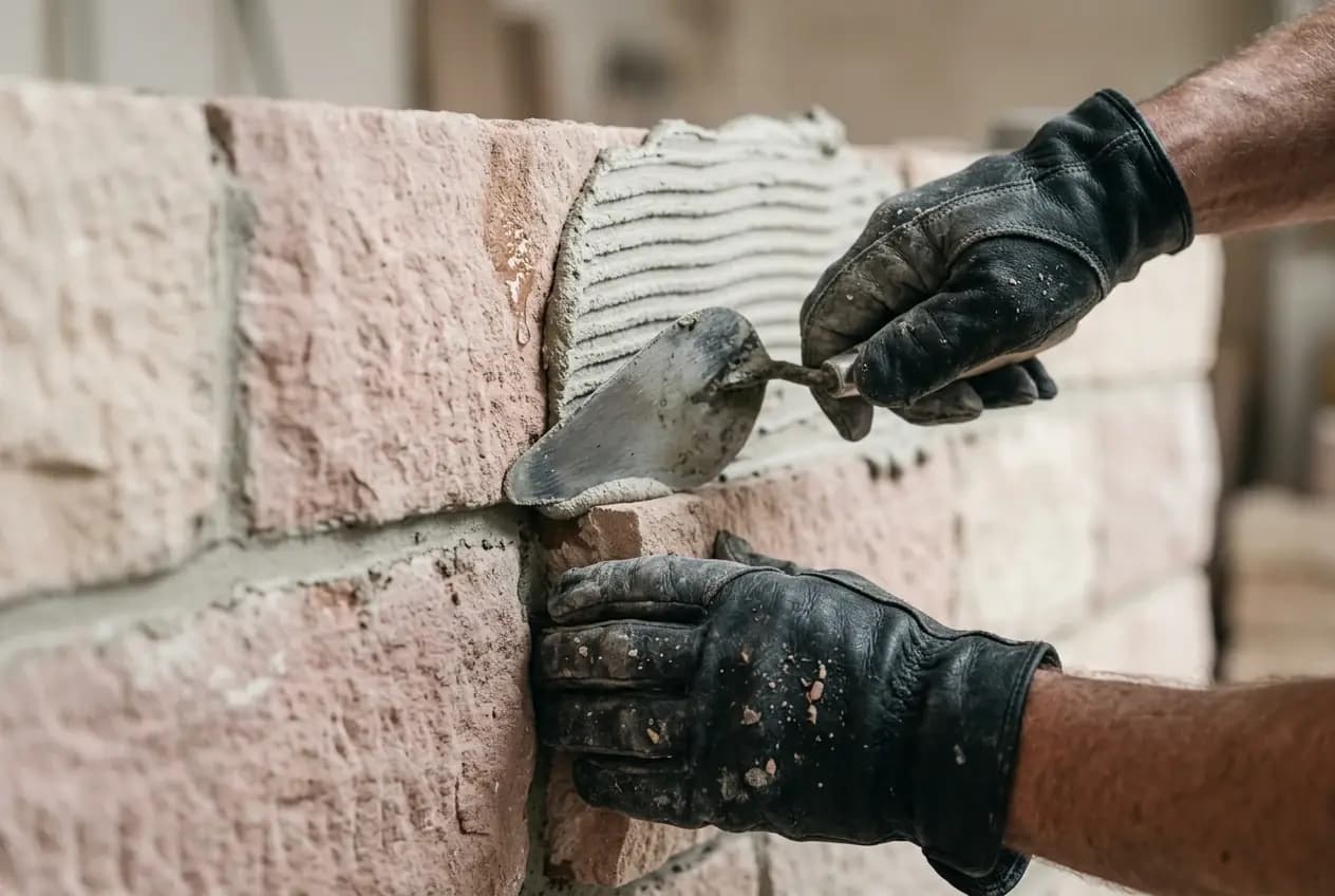 Mains gantées lissant un mortier de chaux clair sur des blocs de grès rose