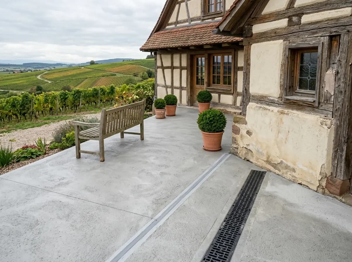 Terrasse béton lissé et ferme alsacienne